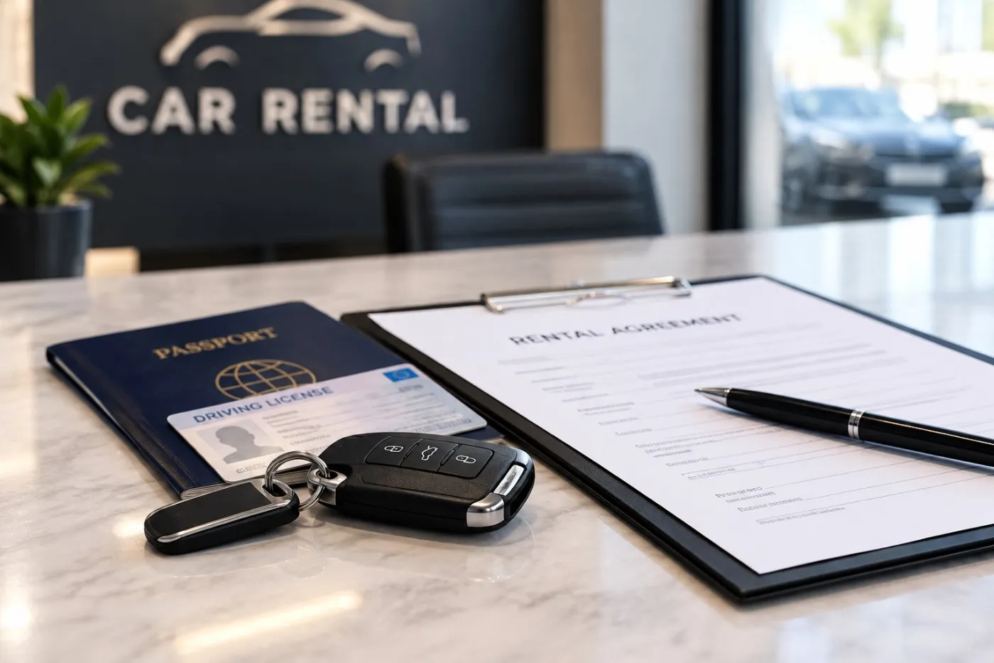 Passport, driving licence, car key and rental agreement on a desk for car rental without driver in Dubai