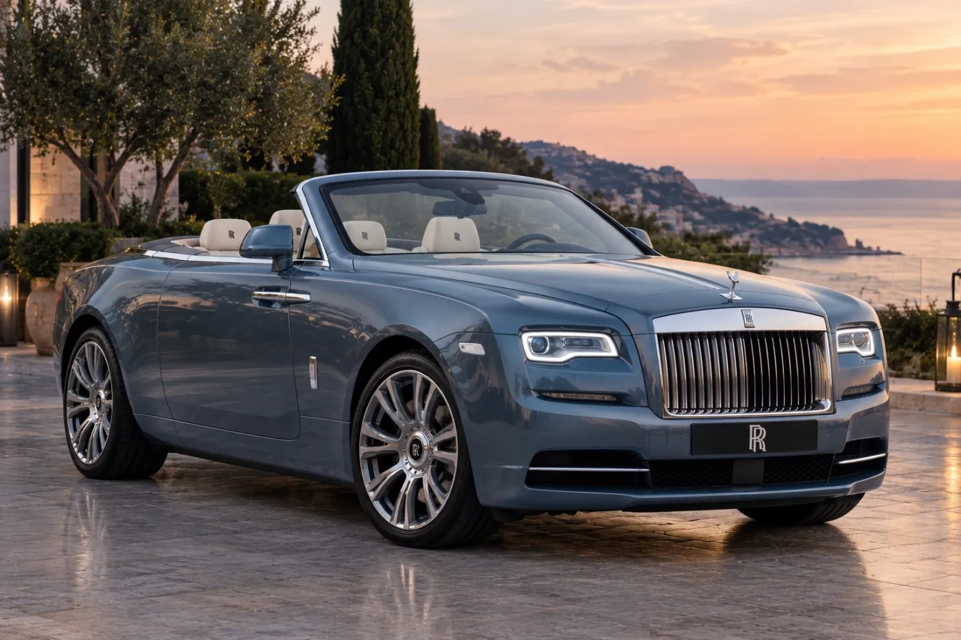 Steel Blue Rolls-Royce Dawn Convertible Parked on a Luxury Seaside Terrace