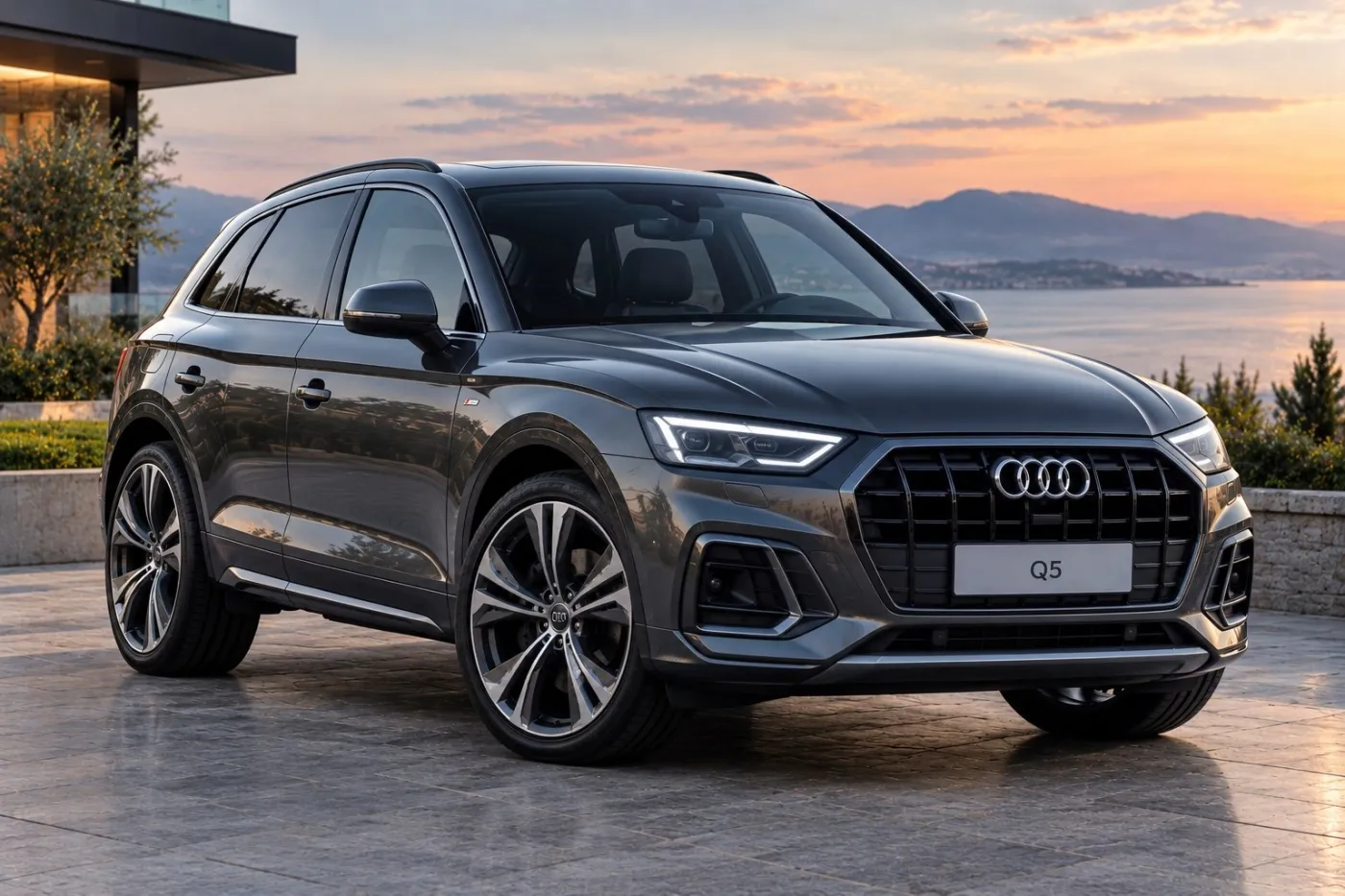 Metallic Graphite Audi Q5 with LED Headlights and Alloy Wheels by a Lakeside at Sunset